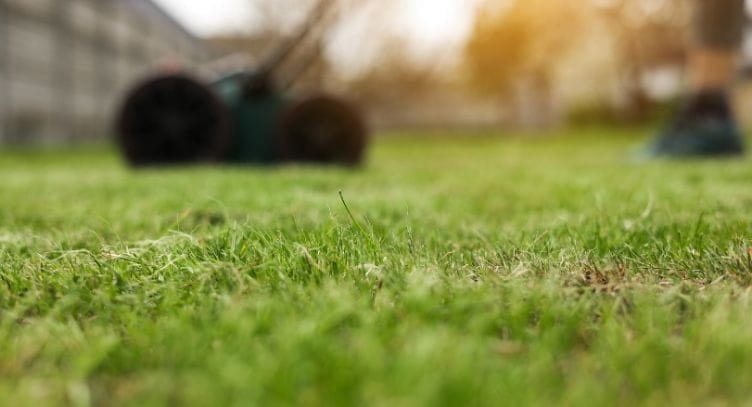 person mowing grass