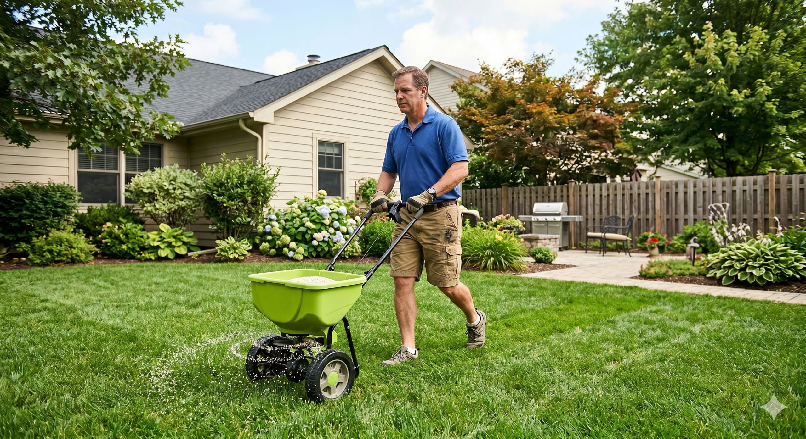 Homeowner applying fertilizer to a green backyard lawn using a broadcast spreader