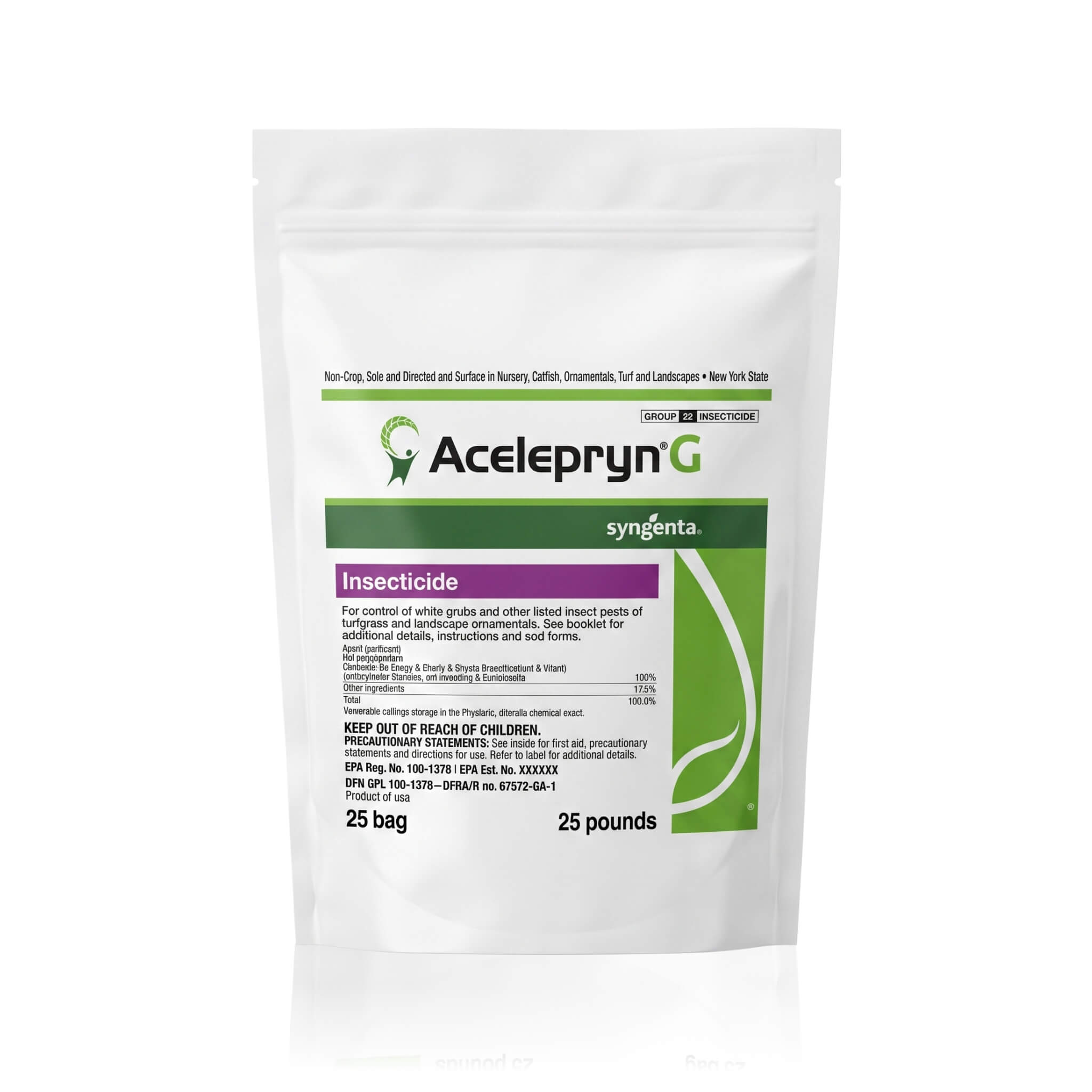 A white pouch of Acelepryn G insecticide by Syngenta containing 25 pounds for turf and landscape pest control.