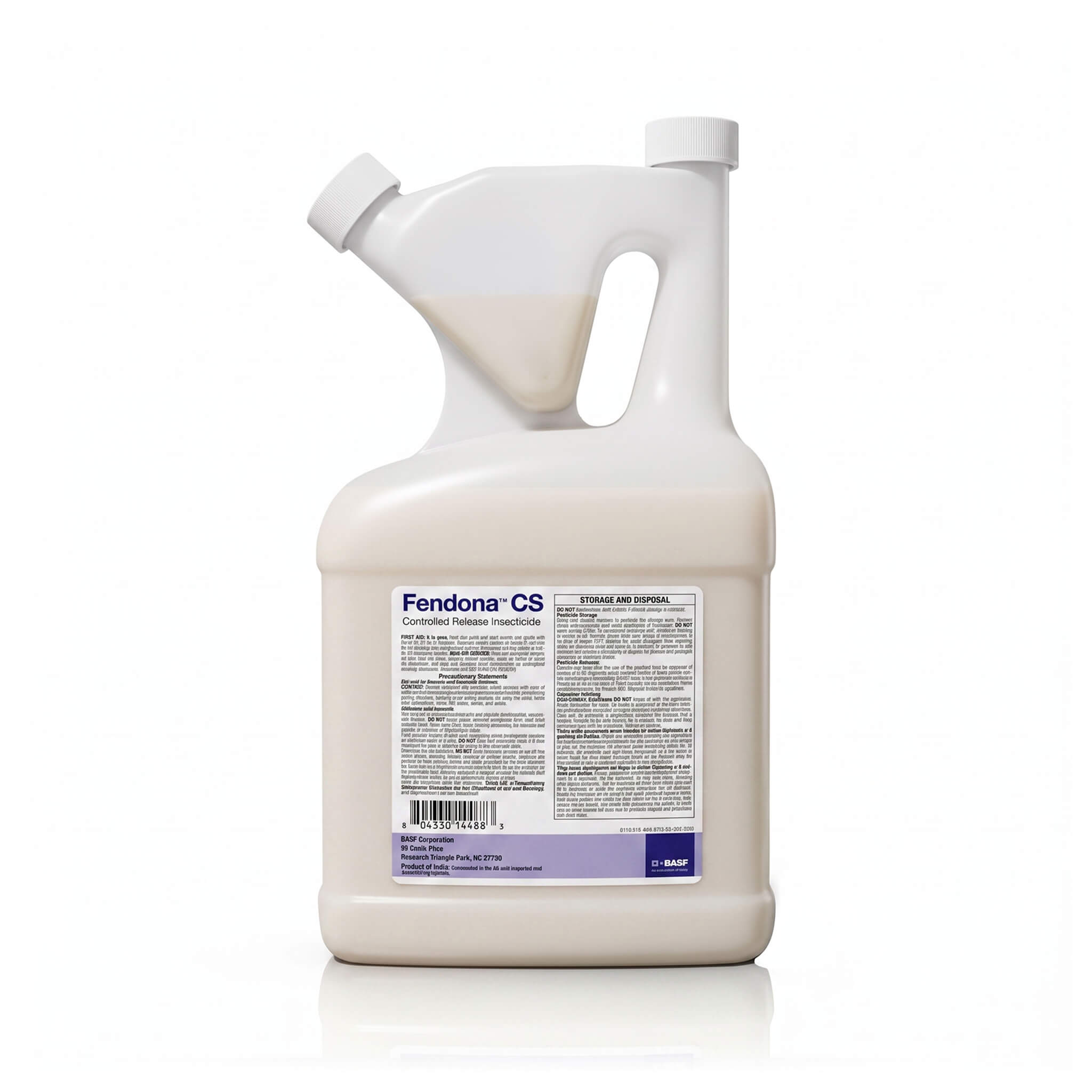 A white plastic jug of Fendona CS controlled release insecticide with a handle and pour spout.