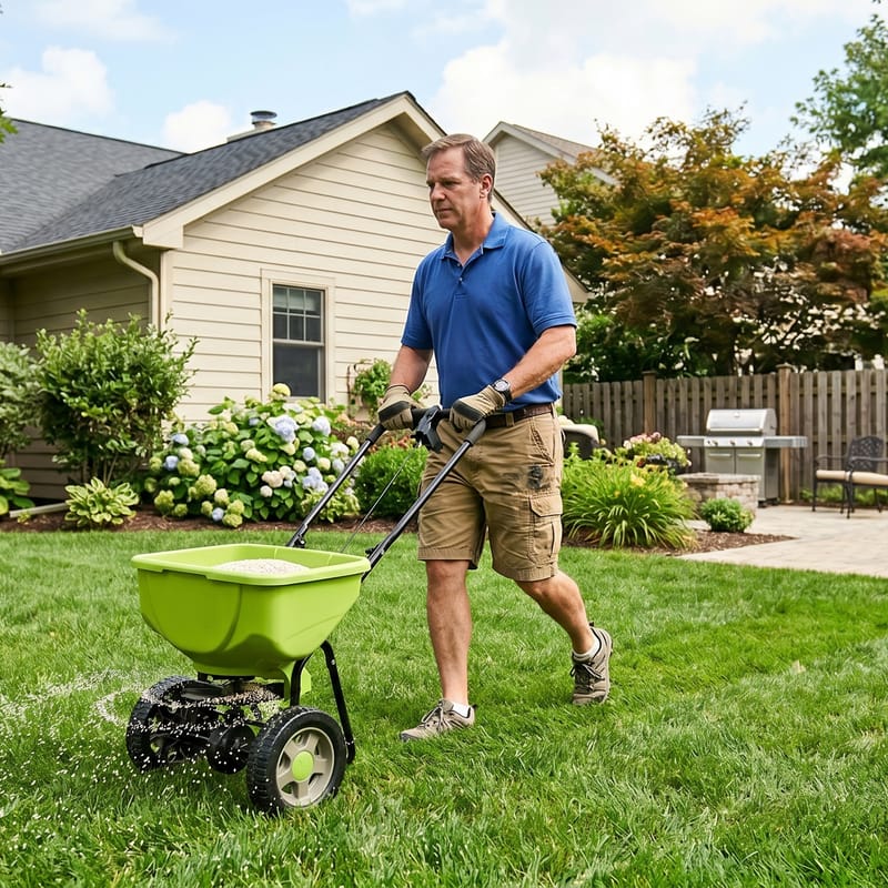 Homeowner applying fertilizer to a green backyard lawn using a broadcast spreader